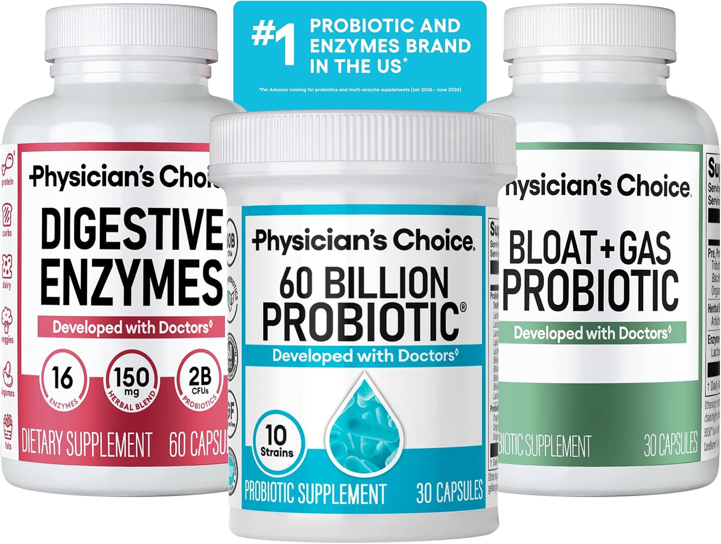 Physician's CHOICE Gut Guardian Bundle: Advanced Bloating & Digestion Support with 60 Billion Probiotic, Digestive Enzymes & Bloat + Gas Probiotic - Daily Gut Health Support for Women and Men