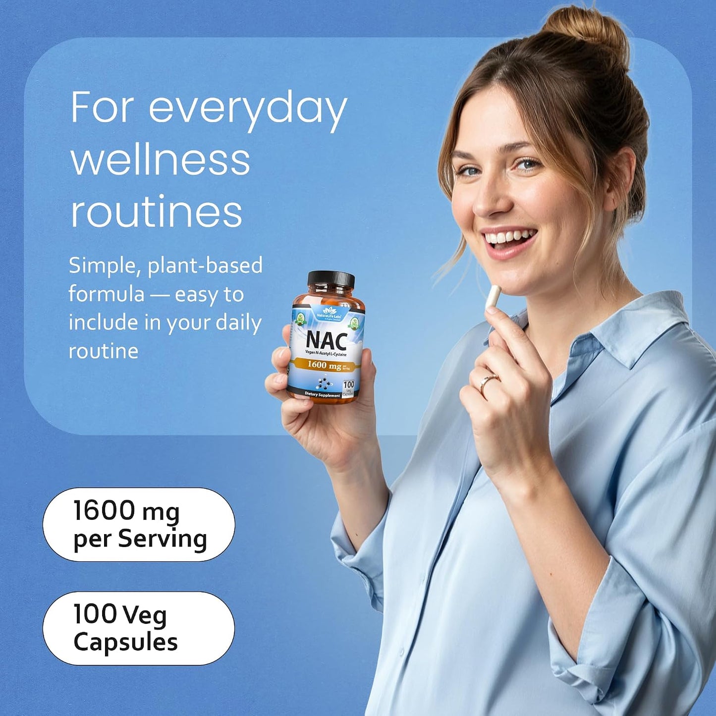 NaturaLife Labs N-Acetyl-L-Cysteine (NAC) 1600 mg – 100 Capsules - Vegan, Non-GMO & Gluten-Free
