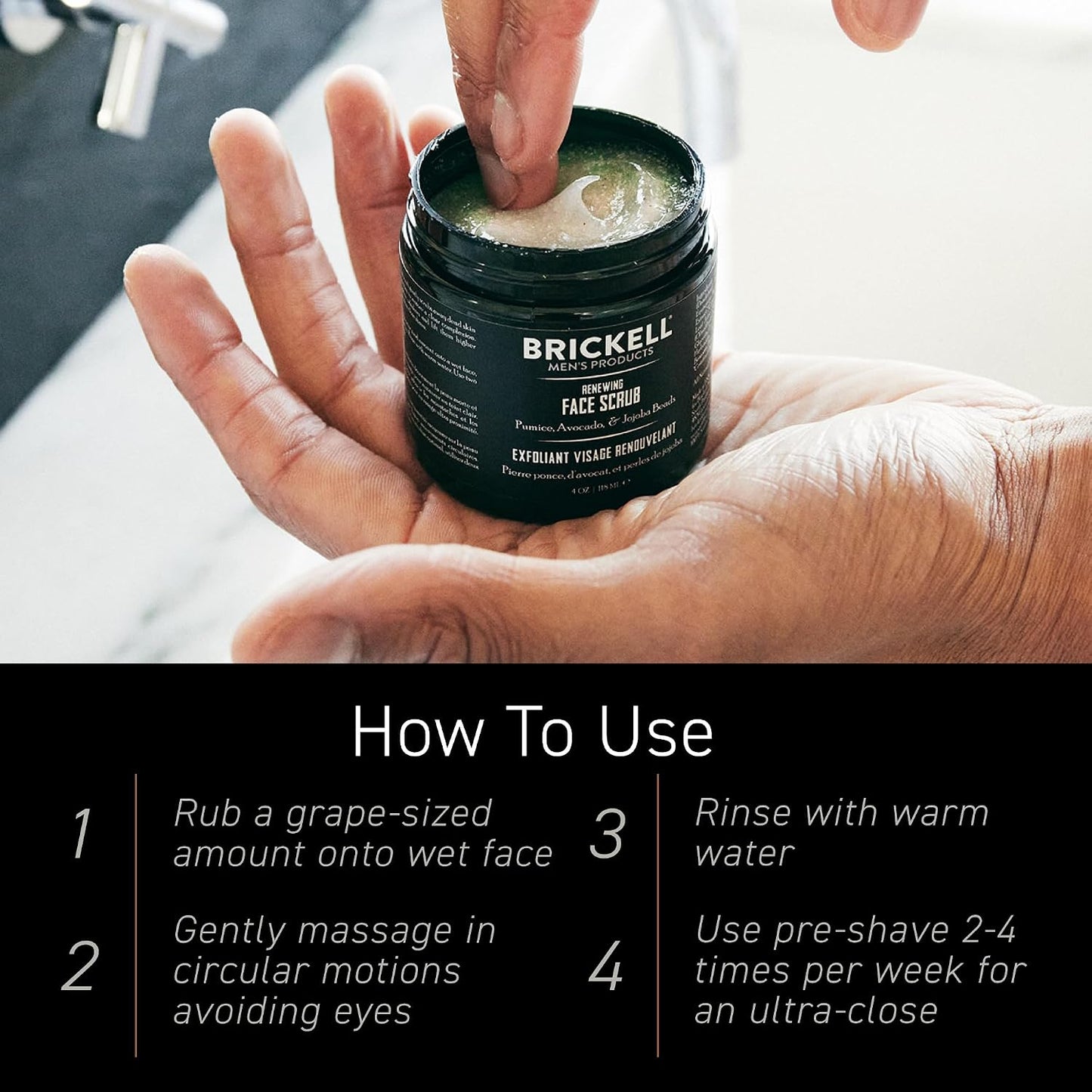 Brickell Men's Renewing Face Scrub for Men, Deep Exfoliating Facial Scrub Formulated with Pumice, Caffeine and Jojoba Beads, 4 Ounce, Scented