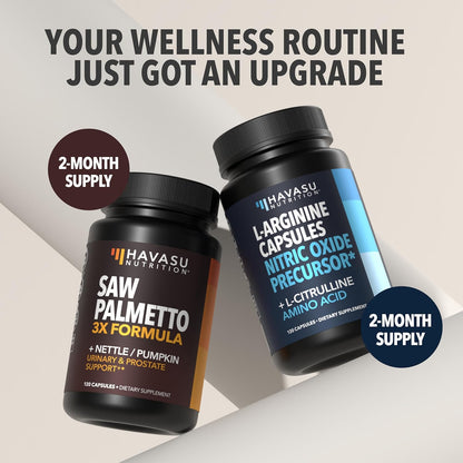 Prostate Health and Nitric Oxide Support Bundle for Active Male Health | Saw Palmetto with Nettle and Pumpkin Capsules & L-Arginine with L-Citrulline Capsules, Bundle for Men, 60 Servings of Each