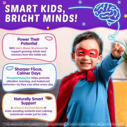 Kids Brain Gummies, Focus Supplement w/Lions Mane Mushroom, Phosphatidylserine, B6, Methyl B12 & B9, Saffron, Brain Vitamins for Focus & Attention, Cognitive, Vision, Energy, Sugar Free, Vegan, 60 Ct