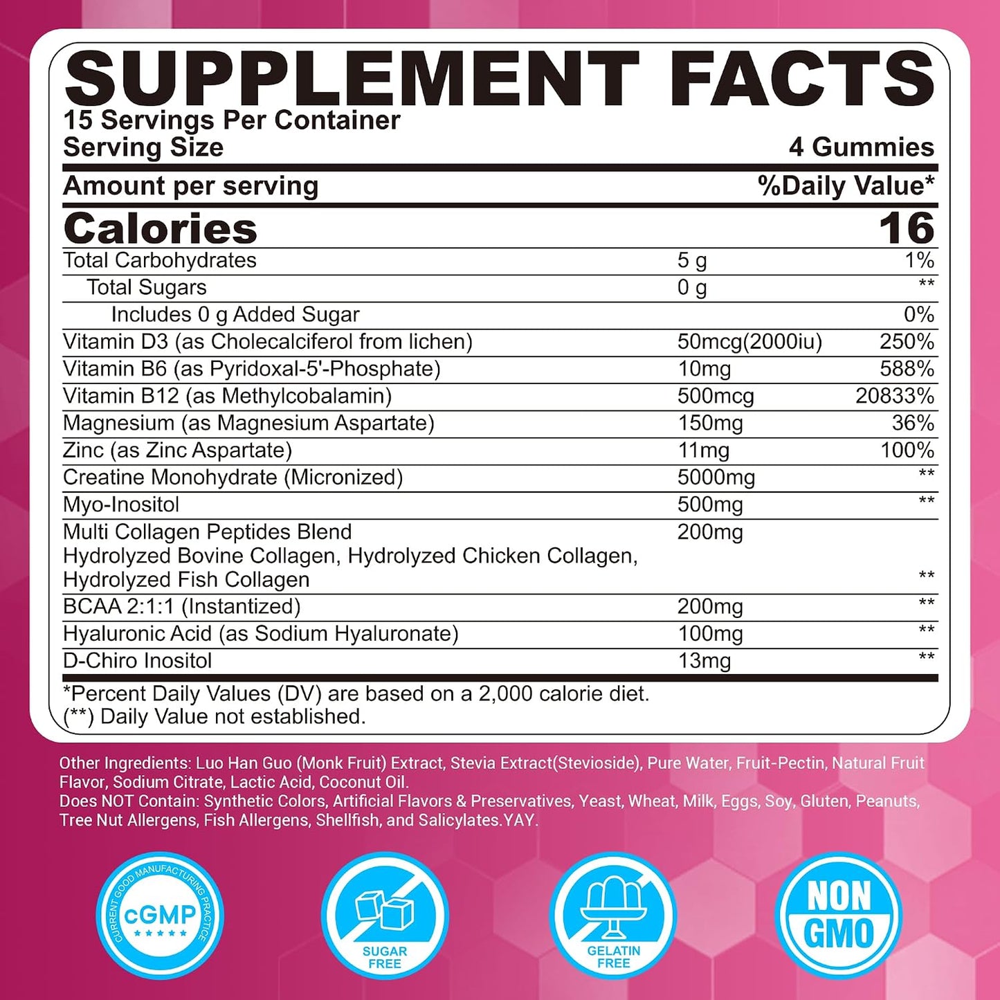 Creatine for Women Gummies, Micronized Creatine Monohydrate + Myo-Inositol, Collagen Peptides, BCAAs, Hyaluronic Acid, Vitamin B6 B12, Zinc for Enërgy, Föcus, Hörmonal Balance, Sugar Free, 120 Counts