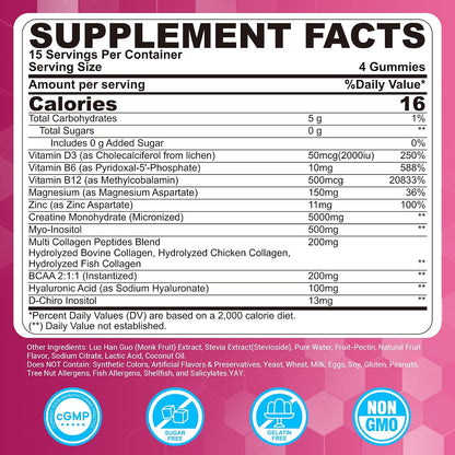 Creatine for Women Gummies, Micronized Creatine Monohydrate + Myo-Inositol, Collagen Peptides, BCAAs, Hyaluronic Acid, Vitamin B6 B12, Zinc for Enërgy, Föcus, Hörmonal Balance, Sugar Free, 120 Counts