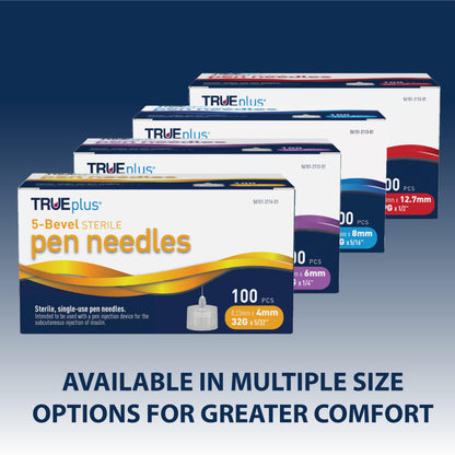 TRUEplus 5-Bevel Sterile Pen Needles, 32G x 4mm (5/32 Inch), 50 Count | For Use with Pen Injection Device, Single-Use Needles, Compatible Thread with Major Pen Devices, Silicone Coated