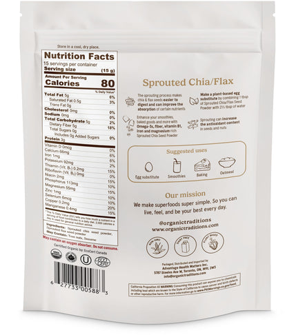 Organic Traditions Sprouted Chia and Flax Seed Powder, Organic Chia Seeds and Flax Blend for Smoothies Baking Oatmeal Egg Substitute, Plant Based Non GMO High Fiber Omega 3 Superfood, 454g / 16 oz Bag
