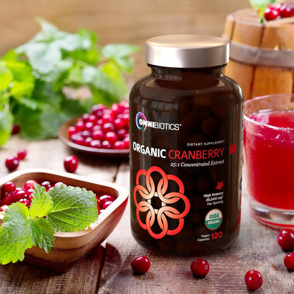 OmniBiotics USDA Organic Cranberry Pills for Women - High Potency 25,000 mg Supplement with 25:1 Fruit Extract - Daily Urinary Tract Support - 120 Vegan Capsules
