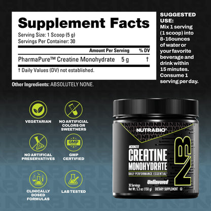 NutraBio Pure Micronized Creatine Monohydrate Powder Supplement, Unflavored, (300 g) - Supports Bulk Muscle Energy, Recovery, and Strength - HPLC Tested Creatine Powder Supplement for Men and Women