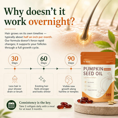 Pumpkin Seed Oil with Saw Palmetto Capsules for Men & Women – Biotin Stinging Nettle Root Zinc – DHT Blocker & Hair Growth Support – Cold Pressed,Essential Fatty Acids & Phytosterols – 300 Softgels