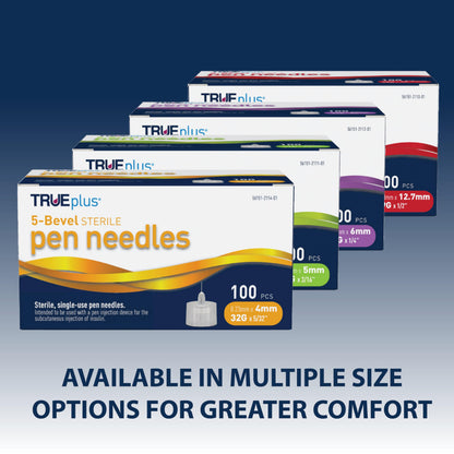 TRUEplus 5-Bevel Sterile Pen Needles, 32G x 4mm (5/32 Inch), 50 Count | For Use with Pen Injection Device, Single-Use Needles, Compatible Thread with Major Pen Devices, Silicone Coated
