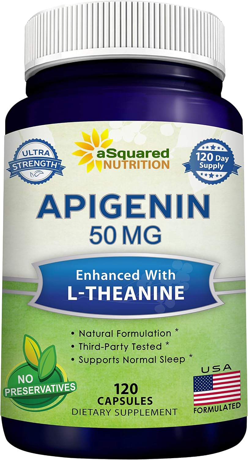 aSquared Nutrition Apigenin 50mg & L-Theanine 200mg - 120 Capsules - Apigenin Supplement Pills for Sleep and Relaxation - Natural Bioflavonoid Extract Found in Chamomile Tea | Apigenin Supplement Pills for Relaxation - Natural Bioflavonoid Extract Powder