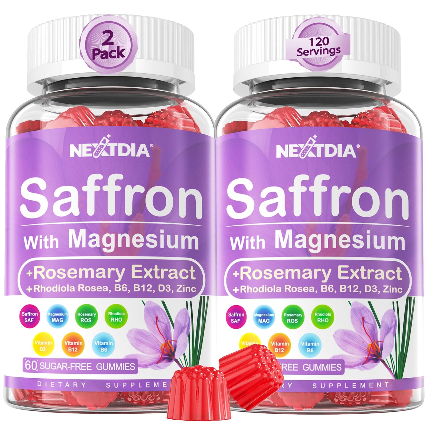 Happy Saffron Supplements Gummies - 4 Months Supply -Saffron Extract 177mg 88.5mg, w/ Magnesium Glycinate 400mg 200mg, Rhodiola, Rosemary, Vitamin D, B6 B12 for Rest, Mood, Calm, Focus, Sugar-Free
