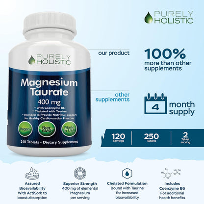 Magnesium Taurate 400MG Elemental Magnesium Per Serving, 4 Month Supply | Heart Health & Nervous System Support, High Absorption Mag Taurate Complex with Vitamin B6, Vegan & Non-GMO, 240 Tablets