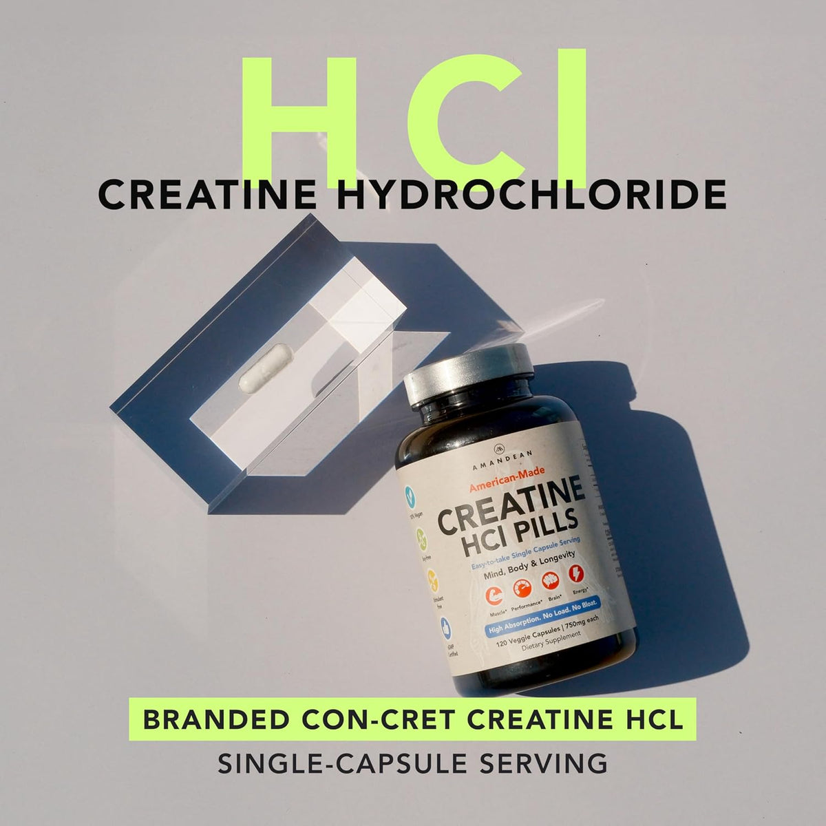 AMANDEAN Creatine HCl Capsules & Pills, CON-CRET, No Bloat, 750mg, 120ct
