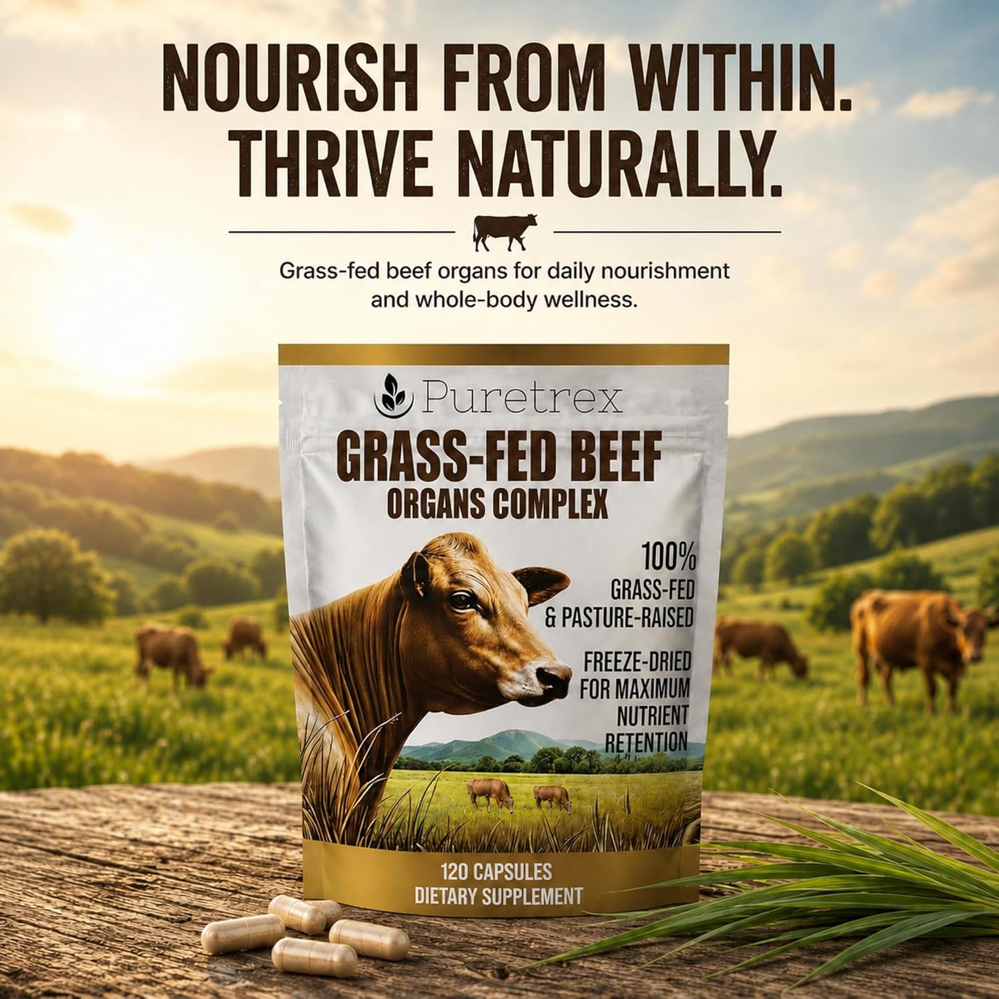 Grass-Fed Beef Organs Complex, Freeze-Dried Liver Heart Kidney Spleen Capsules with BioPerine, Beef Organ Supplement for Women and Men, 100% Pasture-Raised, GMO Free, 120 Count