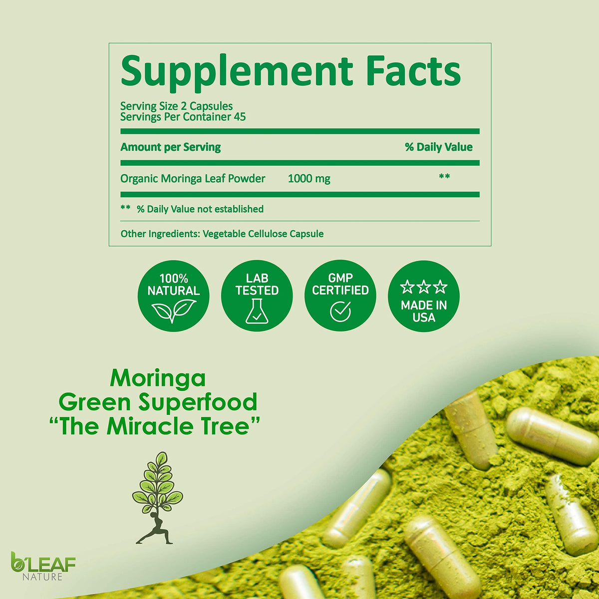 B’Leaf Nature Pure Organic Moringa Oleifera Leaf Powder Capsules 1000mg - Immune