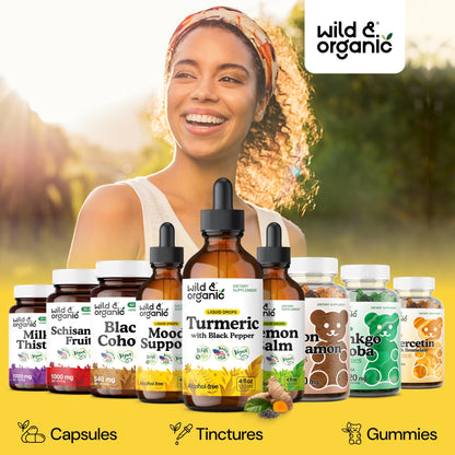 Wild & Organic Turmeric Supplement Liquid Drops - Movement & Immune Support - Liquid Turmeric with Black Pepper Extract - Add to Tea Tincture - Curcumin Supplements - Sugar & Alcohol-Free - 4 fl oz