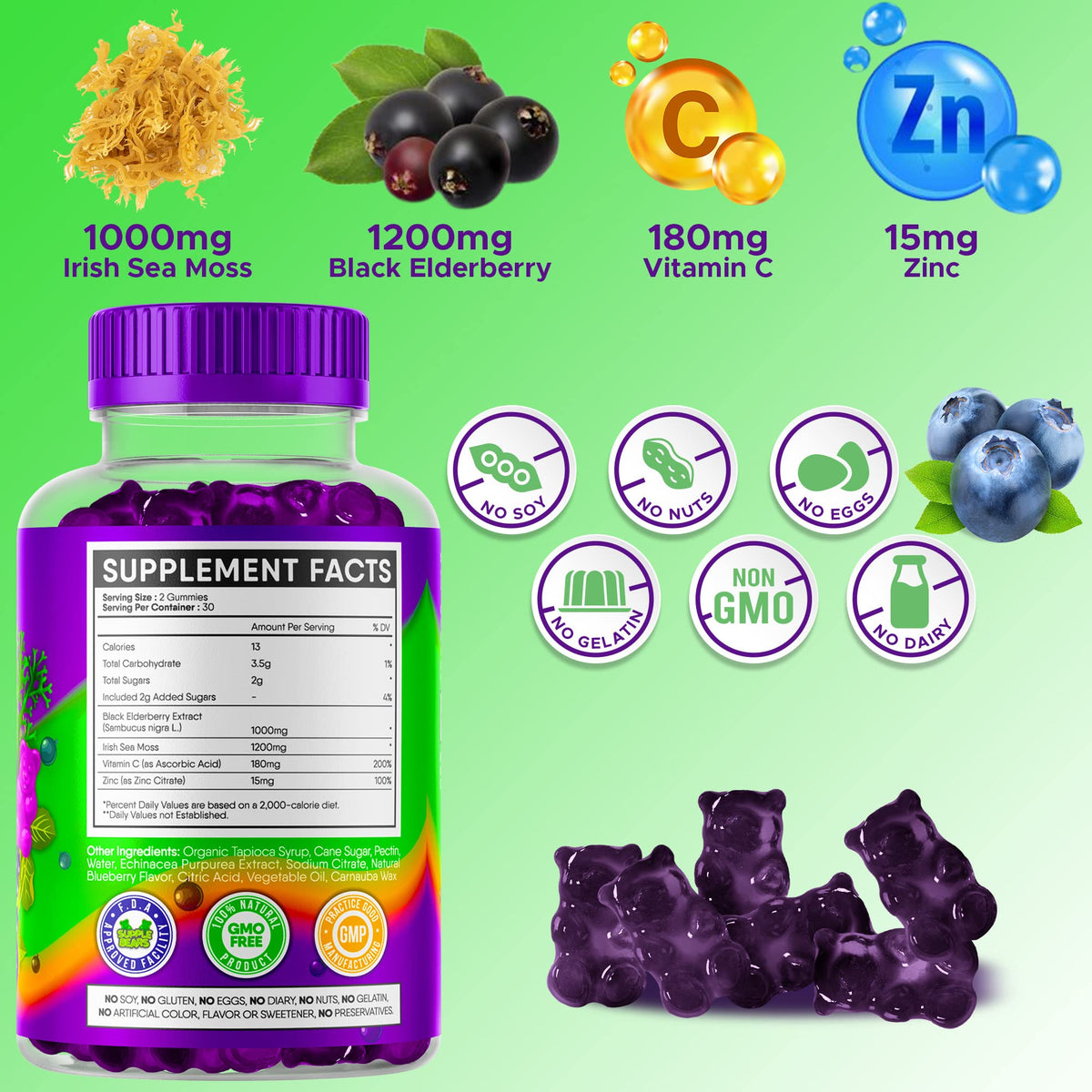 Supplebears Sea Moss Gummies & Elderberry - Vitamin C + Zinc – Extra Strength Immune