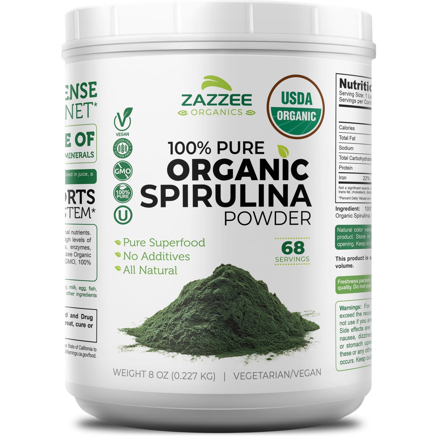 Zazzee USDA Organic Spirulina Powder, 2.2 Pounds (1 KG), 303 Servings, Certified Kosher, 100% Pure, Non-Irradiated, Mess-Free Wide Mouth Container, Fresh Smell and Neutral Taste, Non-GMO, Made in USA