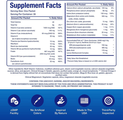 All in One Vitamin Packs for Women & Men - Clinically Formulated Men & Women's Womens Over 50 Multivitamin with Omega 3 Magnesium Vitamin D3 & Citrus Bioflavonoids - 1 Month Supply