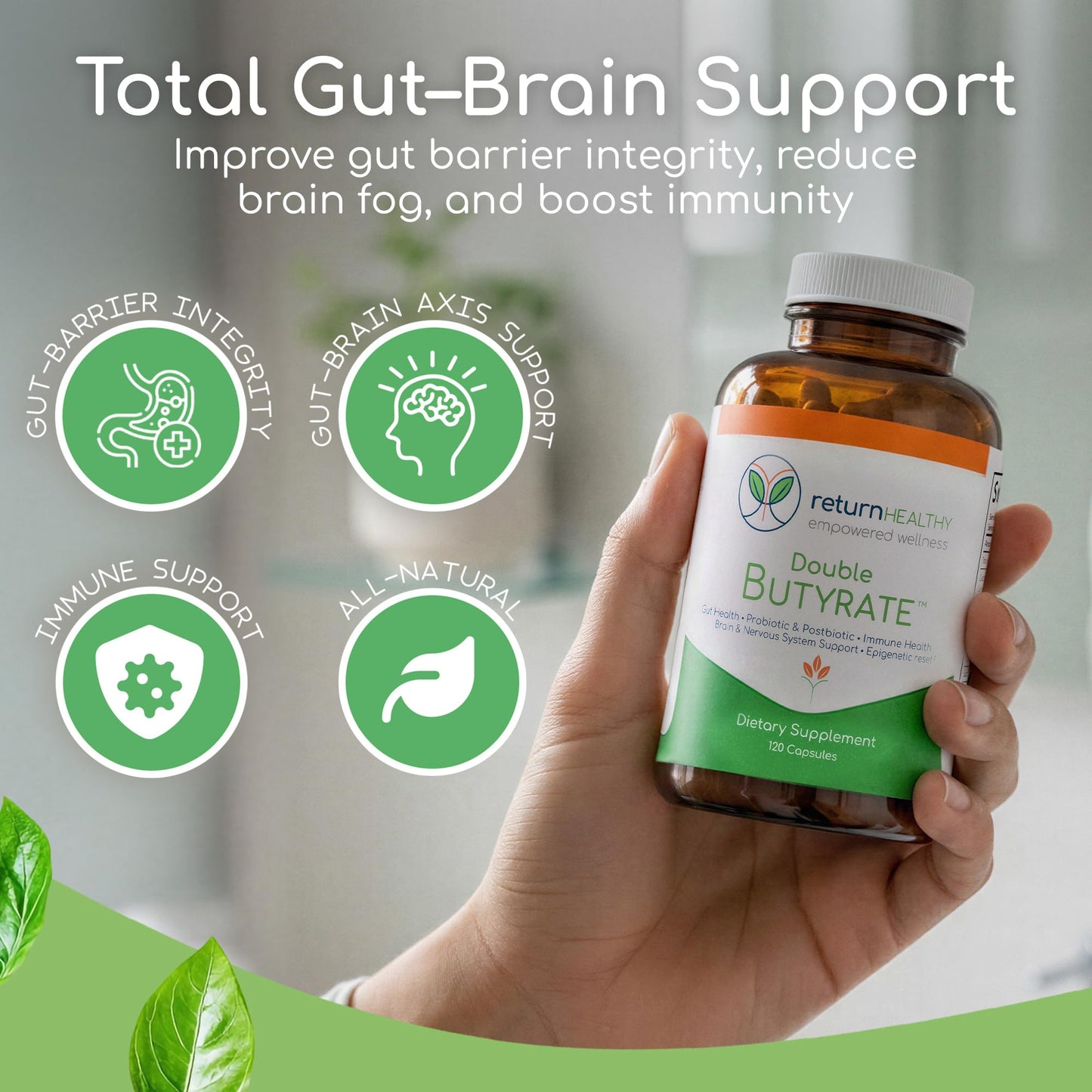 Double Butyrate Gut Health Supplement | Probiotic & Postbiotic Digestive Supplements for Gut Support | Enhances Immune, Brain, & Nervous System Function | Odor-Free Formula | 120 caps