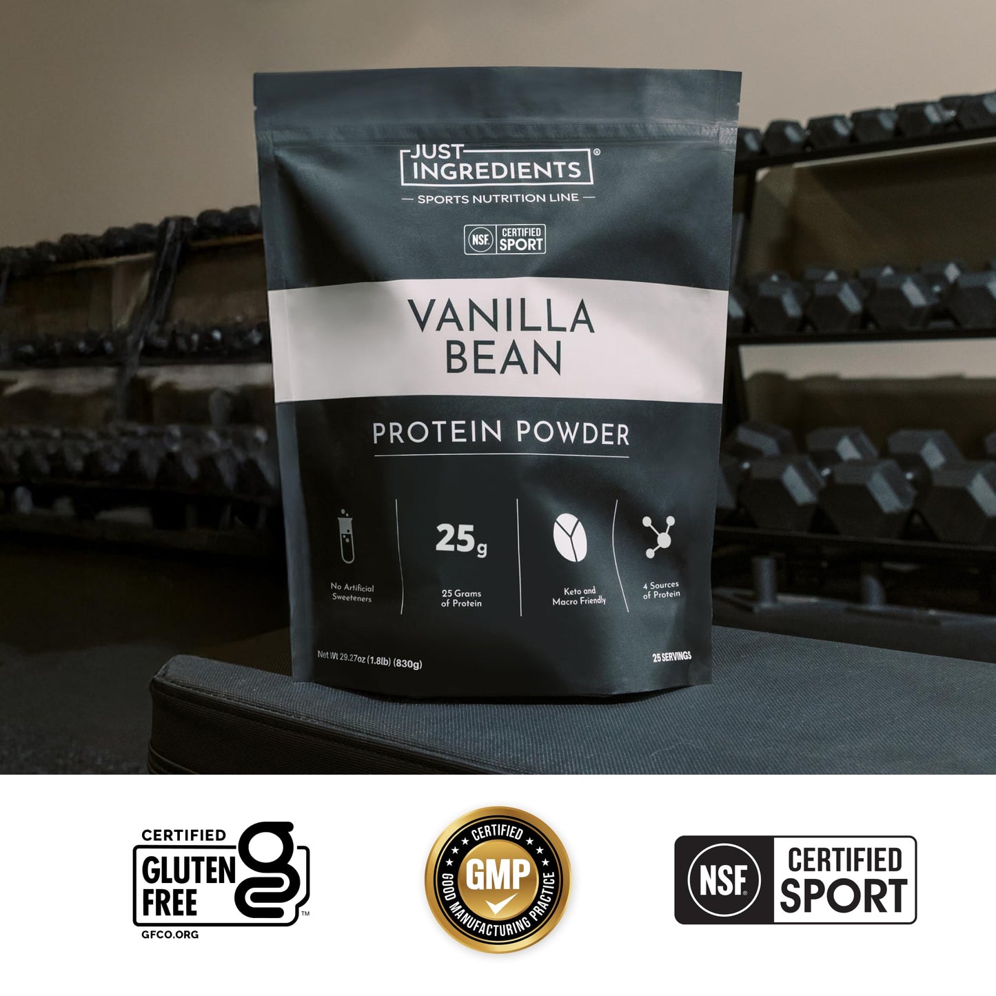 JUST INGREDIENTS Vanilla Bean Protein Powder – 20-Serving Blend with 100% Grass-Fed Whey & Organic Plant Proteins – Real Vanilla Bean & Cinnamon – Supports Muscle Recovery, Energy*