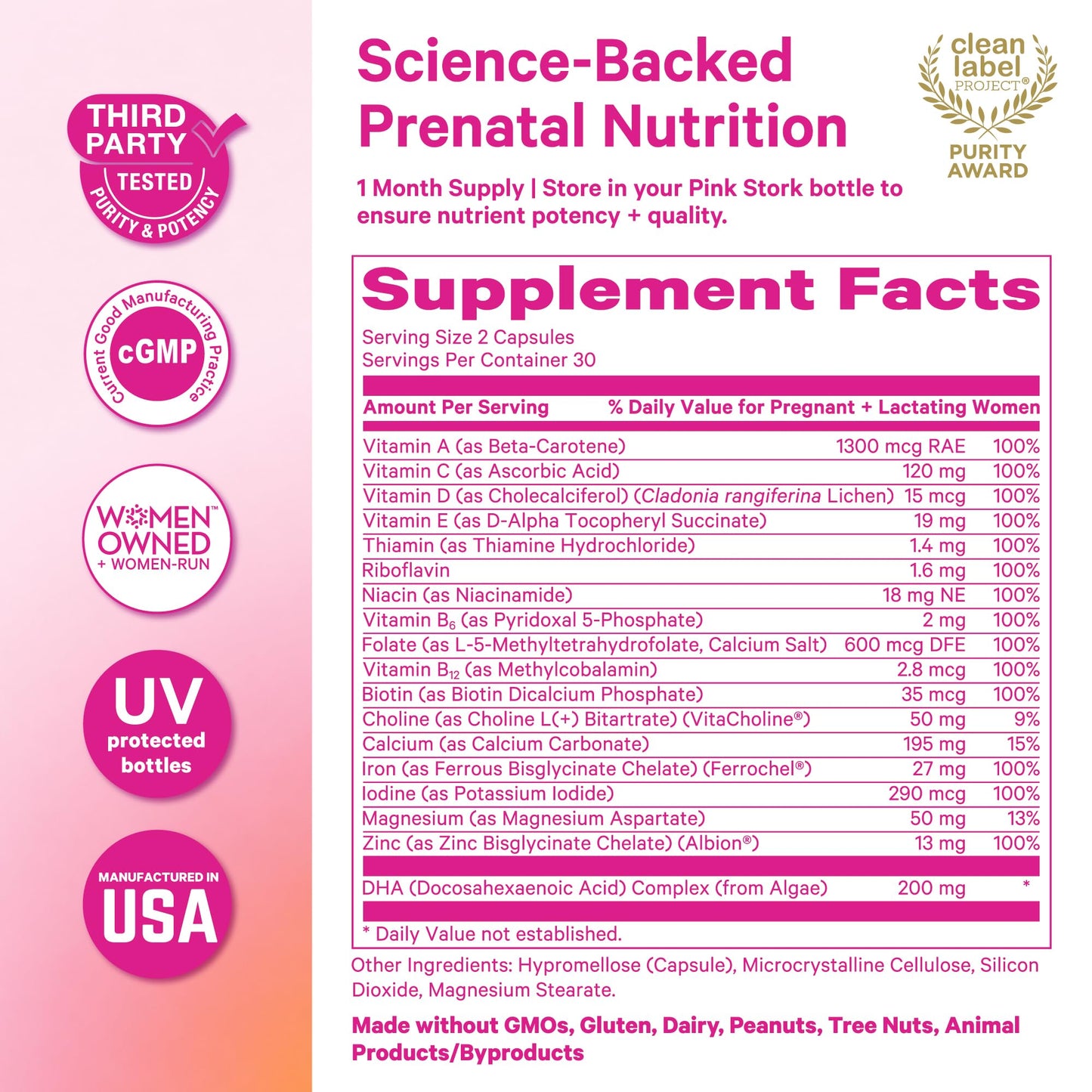 Pink Stork Total Prenatal Vitamins, No Fishy Burps, 60 Capsules, Berry | Clean Label Award, Support Fetal Development, Vegan DHA, Methylfolate, Iron, Choline, Vitamin B12, Pregnancy Essentials,