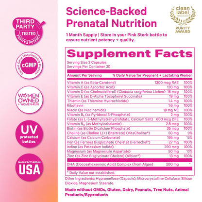 Pink Stork Total Prenatal Vitamins, No Fishy Burps, 60 Capsules, Berry | Clean Label Award, Support Fetal Development, Vegan DHA, Methylfolate, Iron, Choline, Vitamin B12, Pregnancy Essentials,