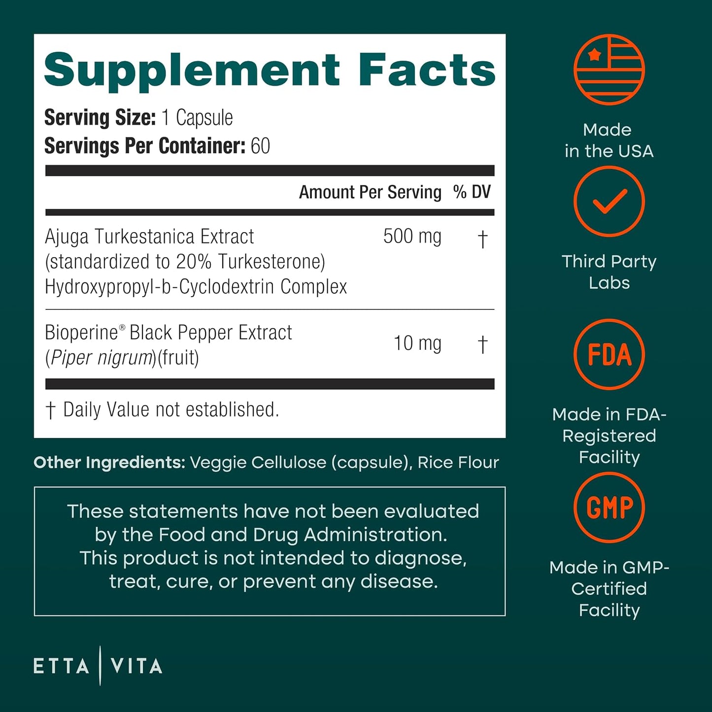 Turkesterone Supplement 500mg for Men & Women, Muscle Growth & Gym Support | Ajuga Turkestanica extract for strength, energy & workout recovery, vegan, non-GMO, third-party tested, made in USA