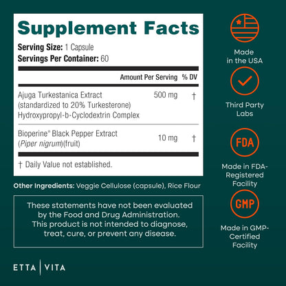 Turkesterone Supplement 500mg for Men & Women, Muscle Growth & Gym Support | Ajuga Turkestanica extract for strength, energy & workout recovery, vegan, non-GMO, third-party tested, made in USA