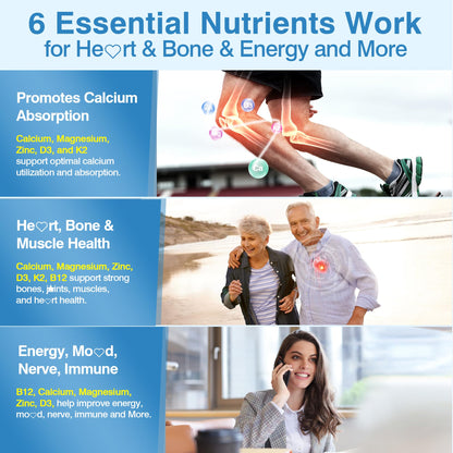 6-in-1 Plant Based Calcium Supplements for Women Men- Calcium 600mg w/ D3 K2 5000 IU Vitamin, Liposomal & Algae Ca-lcium Magnesium Zinc + Vegan Vitamin D 5000 IU + K2 MK7 + Methyl B12 for Bone, 1 Pack