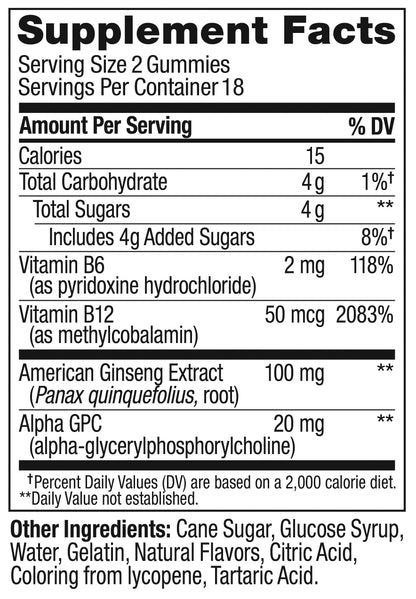 OLLY Laser Focus Gummy, Ginseng, Alpha GPC, B Vitamins, Berry Tangerine Flavor