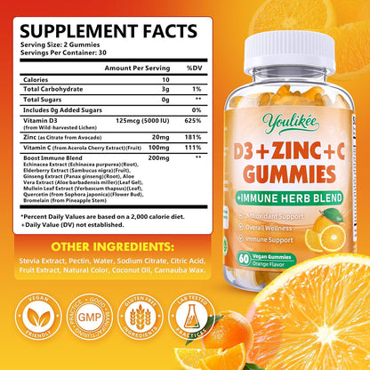 Vitamin C + D3 5000IU + Zinc Gummies for Adults, Orange Flavor, 60 Count | Immune Support supplement with Elderberry, Echinacea & Mullein Leaf - Antioxidant Support, Sugar Free