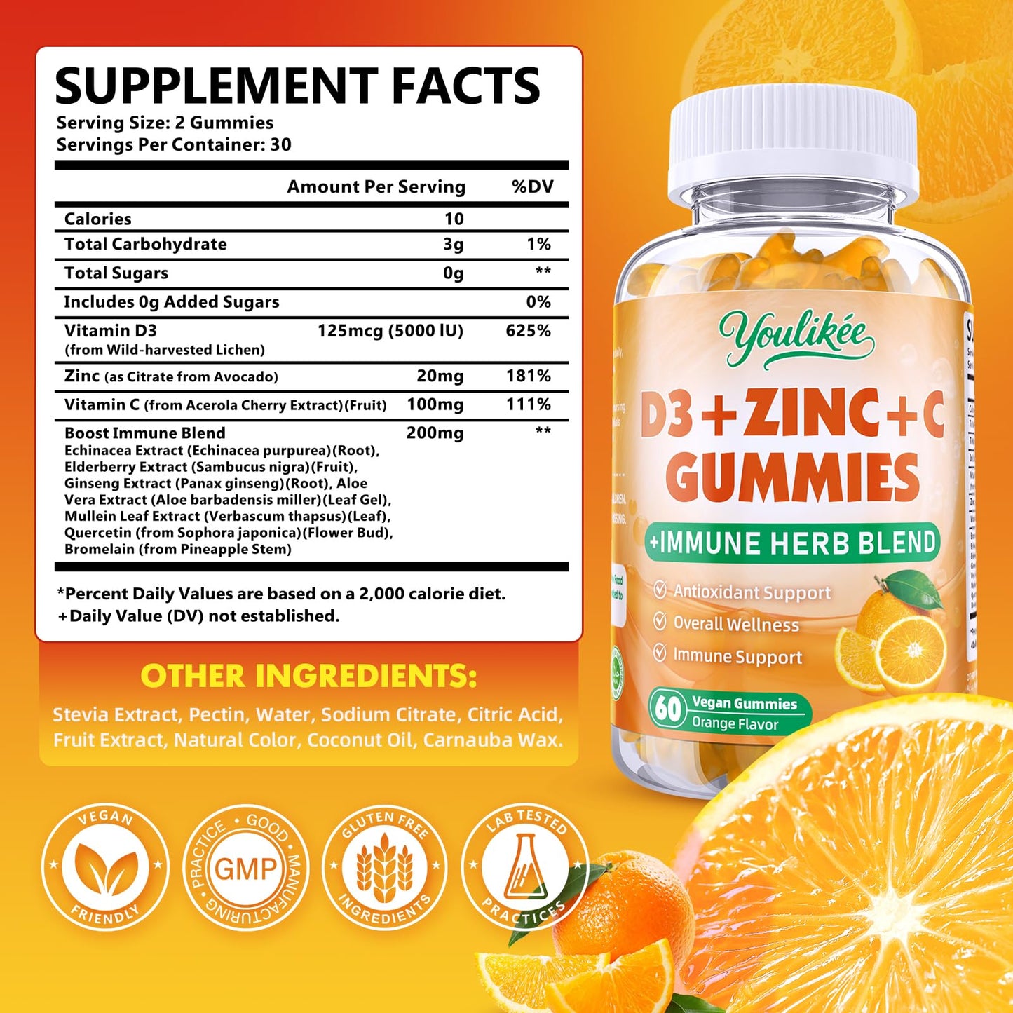 Vitamin C + D3 5000IU + Zinc Gummies for Adults, Orange Flavor, 60 Count | Immune Support supplement with Elderberry, Echinacea & Mullein Leaf - Antioxidant Support, Sugar Free
