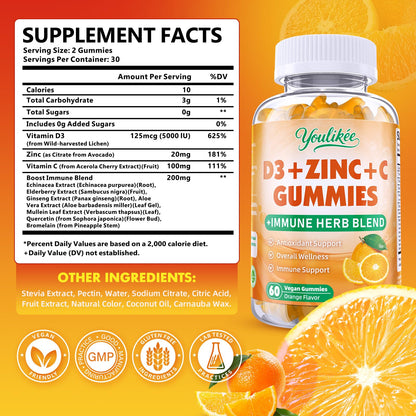 Vitamin C + D3 5000IU + Zinc Gummies for Adults, Orange Flavor, 60 Count | Immune Support supplement with Elderberry, Echinacea & Mullein Leaf - Antioxidant Support, Sugar Free