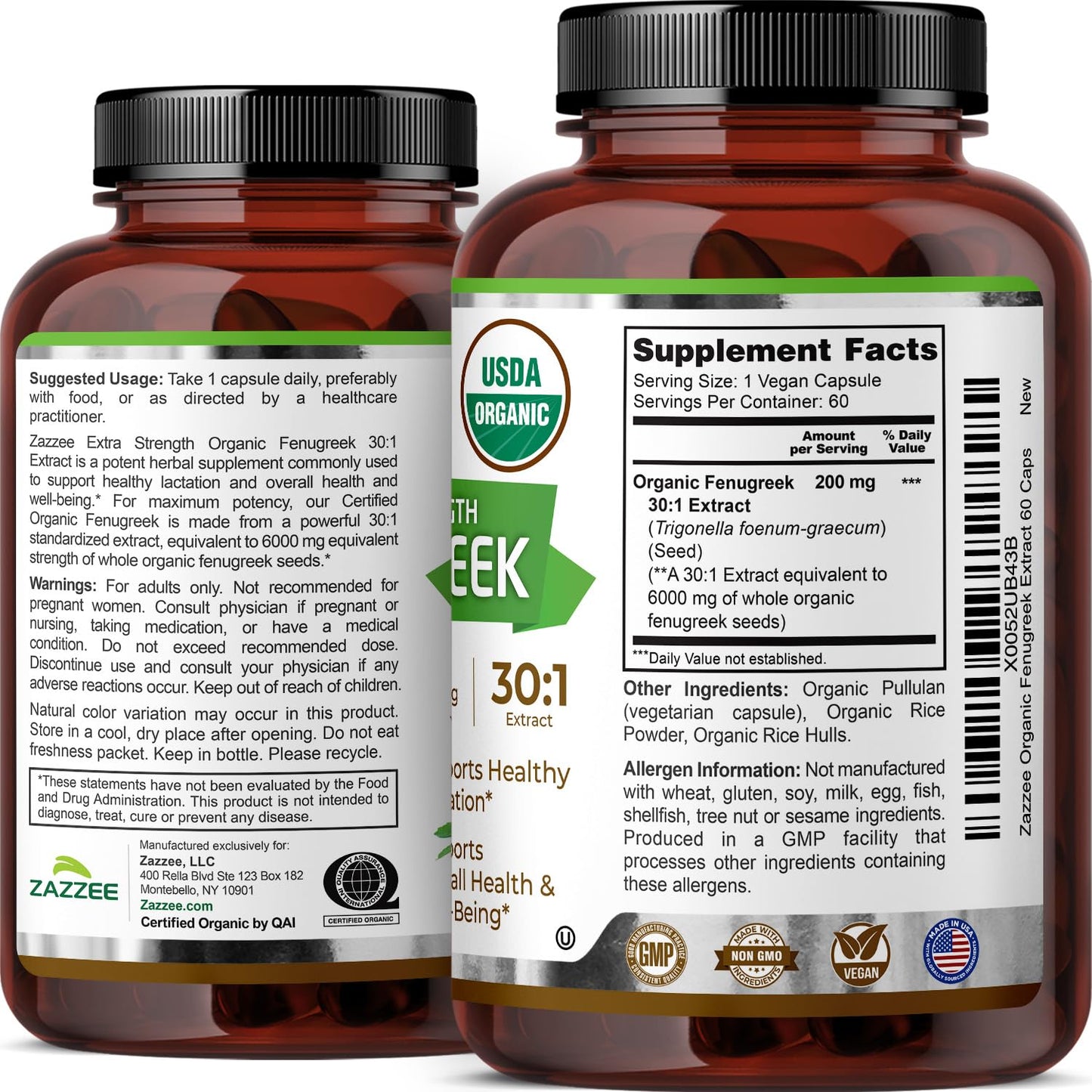 Zazzee USDA Organic Fenugreek 30:1 Extract, 120 Vegan Capsules, 4 Month Supply, Breastfeeding & Lactation Support for Nursing Mothers, Organic Herbal Supplement, All-Natural, Non-GMO, Made in the USA