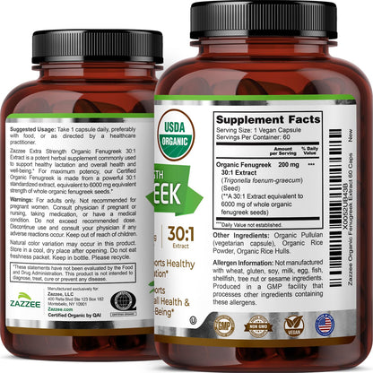 Zazzee USDA Organic Fenugreek 30:1 Extract, 120 Vegan Capsules, 4 Month Supply, Breastfeeding & Lactation Support for Nursing Mothers, Organic Herbal Supplement, All-Natural, Non-GMO, Made in the USA