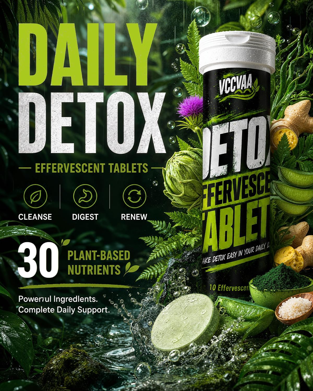 Detox Effervescent Tablets - All-in-One Daily Cleanse & Liver Support Drink with Milk Thistle, NAC, Activated Charcoal, Digestive Enzymes & Electrolytes - Fizzy Lemon Flavor, 30 Count