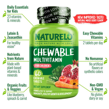 NATURELO Chewable Vitamin for Kids Multivitamin with Whole Food Organic Fruit Blend - 60 Tablets for Children
