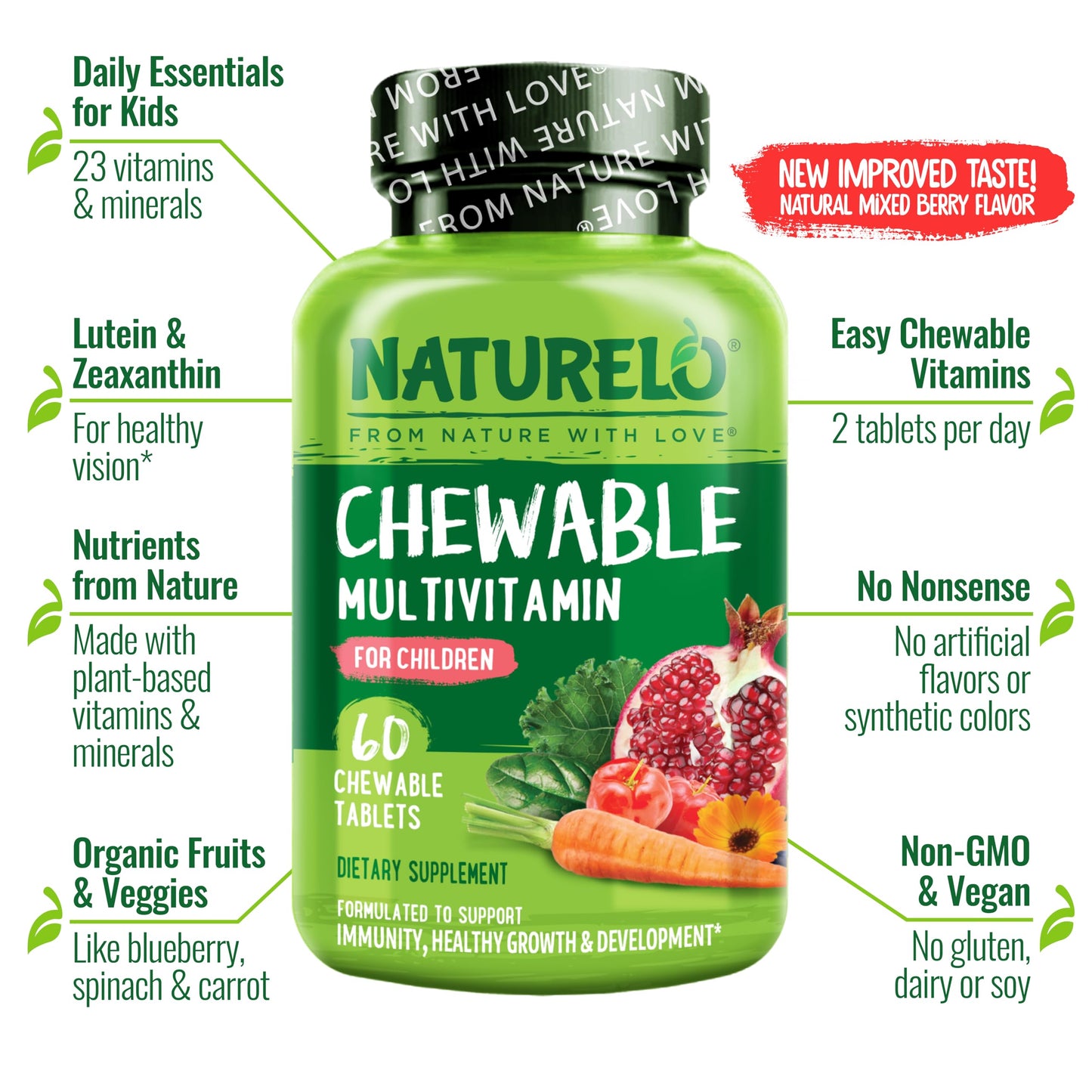 NATURELO Chewable Vitamin for Kids Multivitamin with Whole Food Organic Fruit Blend - 60 Tablets for Children