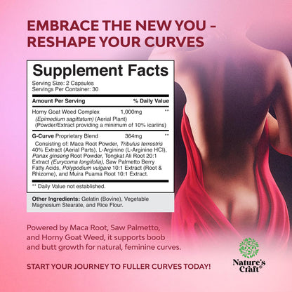 G-Curve Butt and Breast Growth Capsules - Horny Goat Weed Muira Puama & Maca Root for Butt Growth Support - Advanced Herbal Formula - Supports Bigger Butt & Bigger Breast - Easy to Swallow - 60 Count