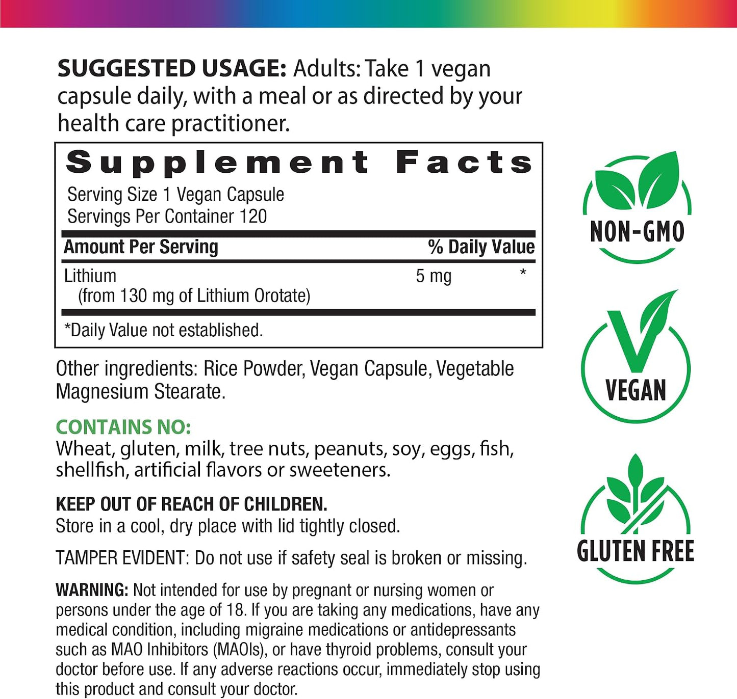 Rainbow Light Lithium Orotate 5 mg Supplement | 120 Vegan Capsules | Bioavailable Trace Element | Non-GMO and Gluten Free