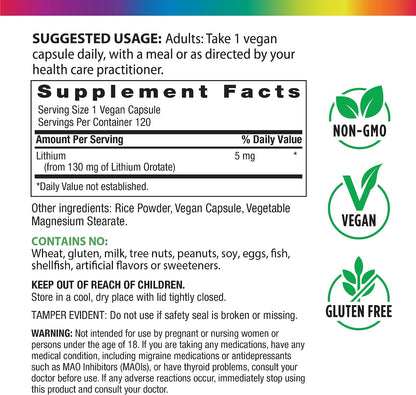 Rainbow Light Lithium Orotate 5 mg Supplement | 120 Vegan Capsules | Bioavailable Trace Element | Non-GMO and Gluten Free