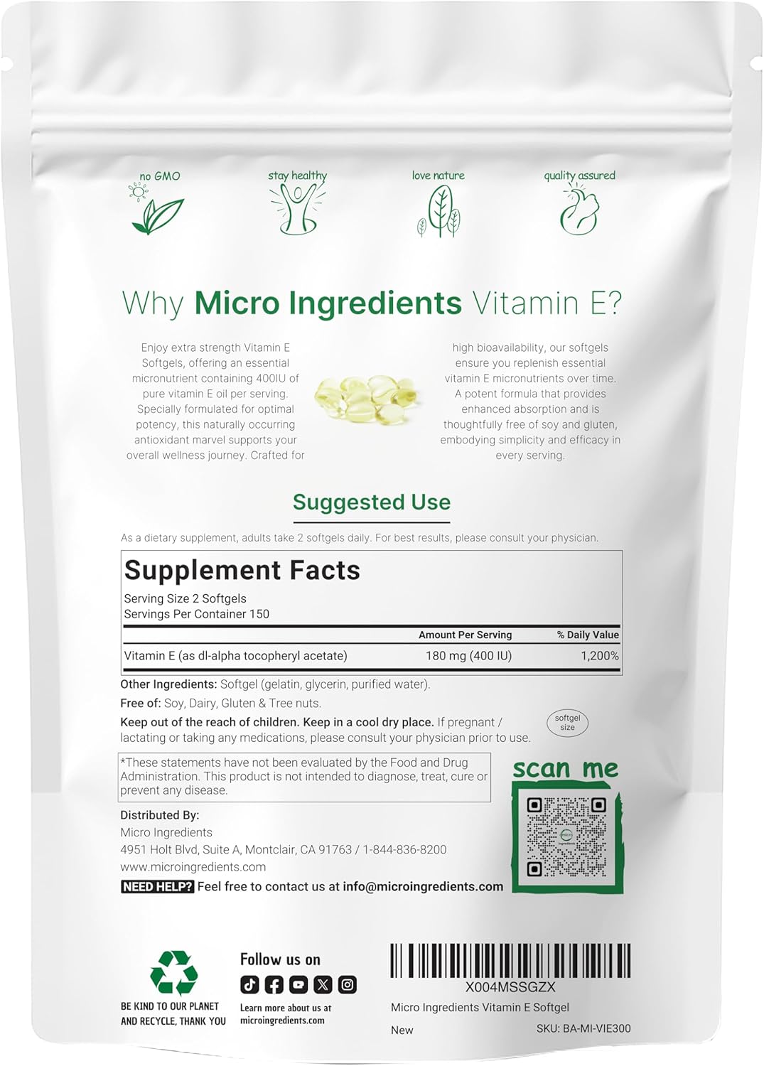 Micro Ingredients Vitamin E 400IU, 300 Softgels | Pure Vitamin E Oil Pills | Antioxidant Supplements for Skin, Face, Heart, & Immune Health | Non-GMO, Gluten Free*