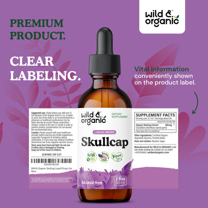 Wild & Organic Skullcap Herb Tincture - Skullcap Supplement for Mood Support - Relaxing Liquid Extract Drops - Vegan, Sugar & Alcohol-Free - 4 fl oz