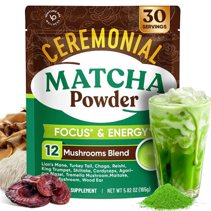Venture Pal Ceremonial Grade Mushroom Matcha Powder + Mushroom Coffee - Focus, Energy & Digestion - Vegan
