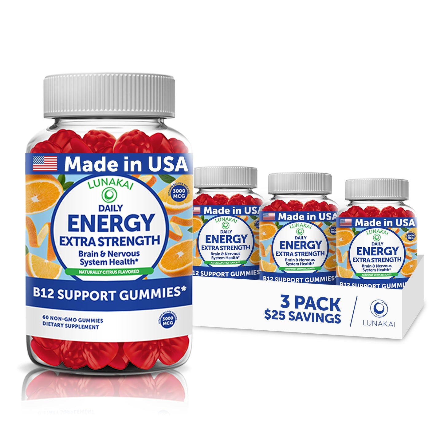 Lunakai USA Made Vegan Energy Gummies – Daily Energy Supplements, 60ct | Non-GMO 3000mcg Vitamin B12 Gummies for Women & Men – for Home or On‑the‑Go Use