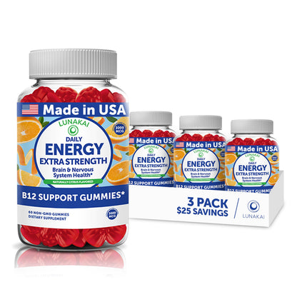 Lunakai USA Made Vegan Energy Gummies – Daily Energy Supplements, 60ct | Non-GMO 3000mcg Vitamin B12 Gummies for Women & Men – for Home or On‑the‑Go Use