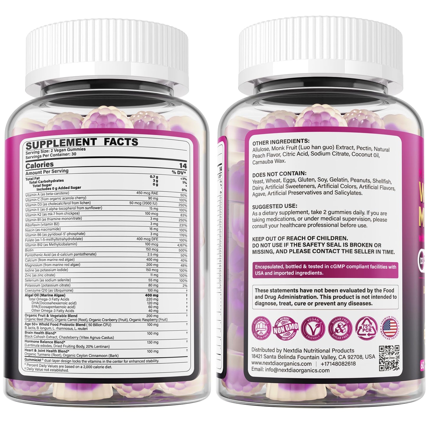 Multivitamin for Women 50 Plus Gummies, Vegan Omega 3, Methylfolate, Calcium, D3 K2, Probiotics CoQ10, Daily Vitamin A C E Methylated B12 Biotin B Complex Zinc -Bone Energy Longevity -Sugar Free 60Cts