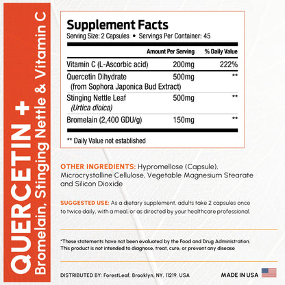 ForestLeaf Quercetin with Bromelain 1350mg - Blend with Vitamin C & Stinging Nettle Supplement, Quercetin 500mg Capsules, Non-GMO Gluten Free, Natural Function, 90 Veggie Caps