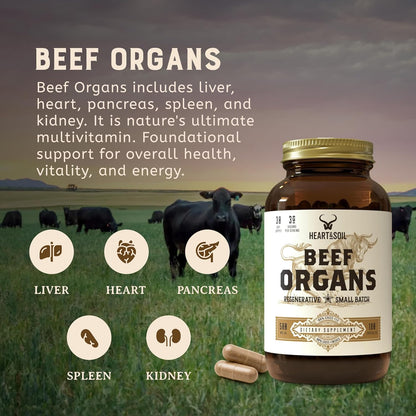 HEART & SOIL Beef Organs Supplement, 180 Capsules | 100% grass fed & finished from regenerative cattle with liver, heart, kidney, pancreas & spleen. 3000mg formula.